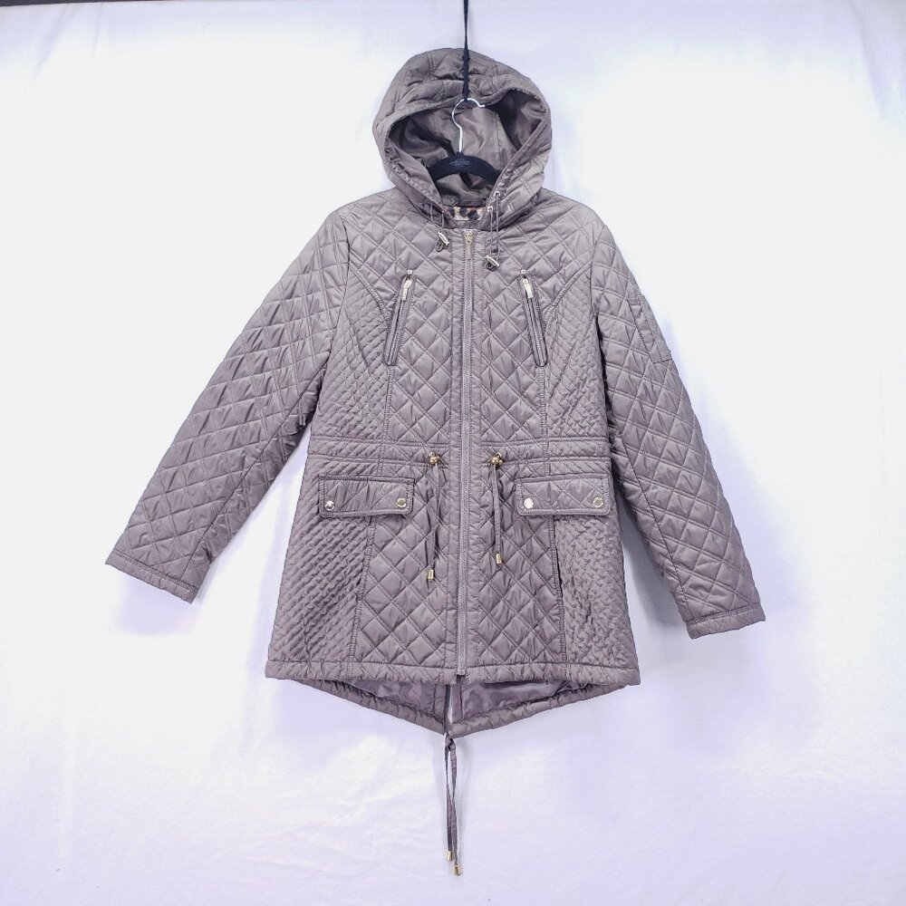 Laundry by Shelli Segal Quilted Puffer Jacket Womens Large Brown Full Zip Hooded